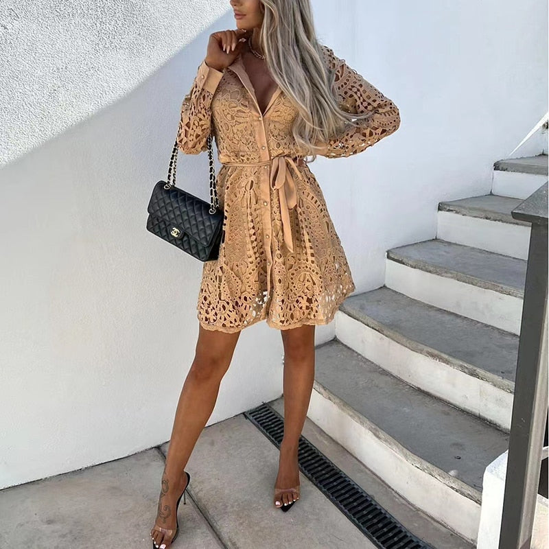 Dionne Lace Dress for Women – Elegant Long-Sleeve Dress with V-Neckline