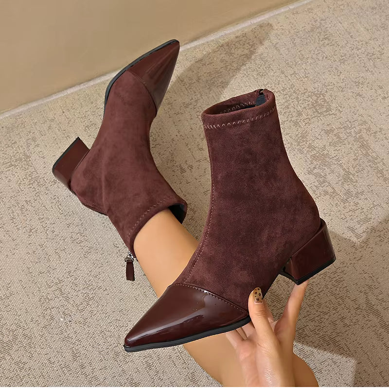 Gracia Ankle Boots for Women – Elegant Suede Boots with Patent Details & Comfortable Block Heel
