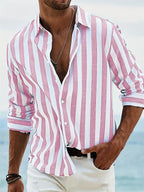 James Summer Shirt for Men – Light Blue Striped Shirt in Blended Linen and Cotton with Relaxed Cut