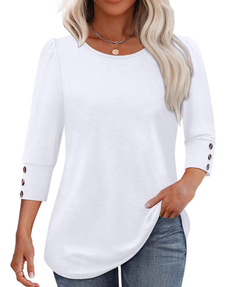 Veda Blouse for Women – V-Neck Top with Puff 3/4 Sleeves & Smocked Cuffs, Chic
