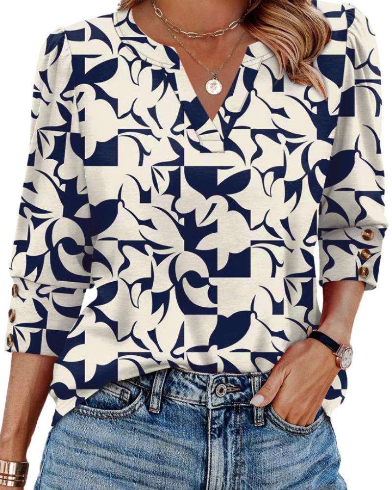 Zeline Blouse for Women – V-Neck Top with 3/4 Sleeves & Buttons, Business Casual Style