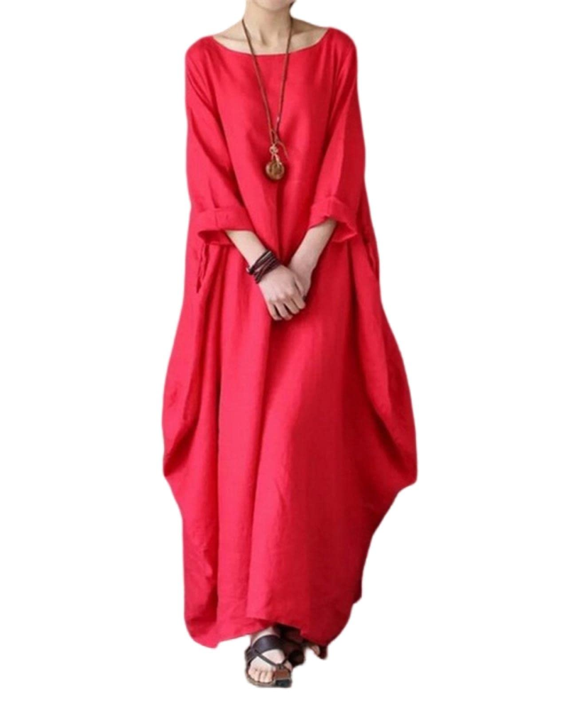 Sandy Long Dress for Women – Cotton-Linen Maxi Dress, Loose Cut, Round Neck & 3/4 Sleeves, Elegant