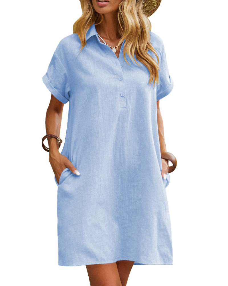 Raine Shirt Dress for Women – Linen Cotton Mid-Length Dress, Buttoned V-Neck with Pockets, Casual Chic Summer