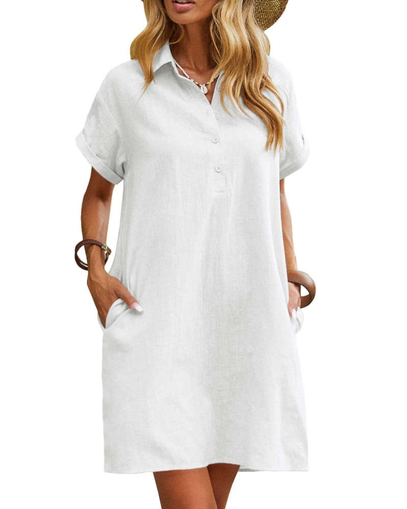 Raine Shirt Dress for Women – Linen Cotton Mid-Length Dress, Buttoned V-Neck with Pockets, Casual Chic Summer