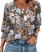 Veda Blouse for Women – V-Neck Top with Puff 3/4 Sleeves & Smocked Cuffs, Chic