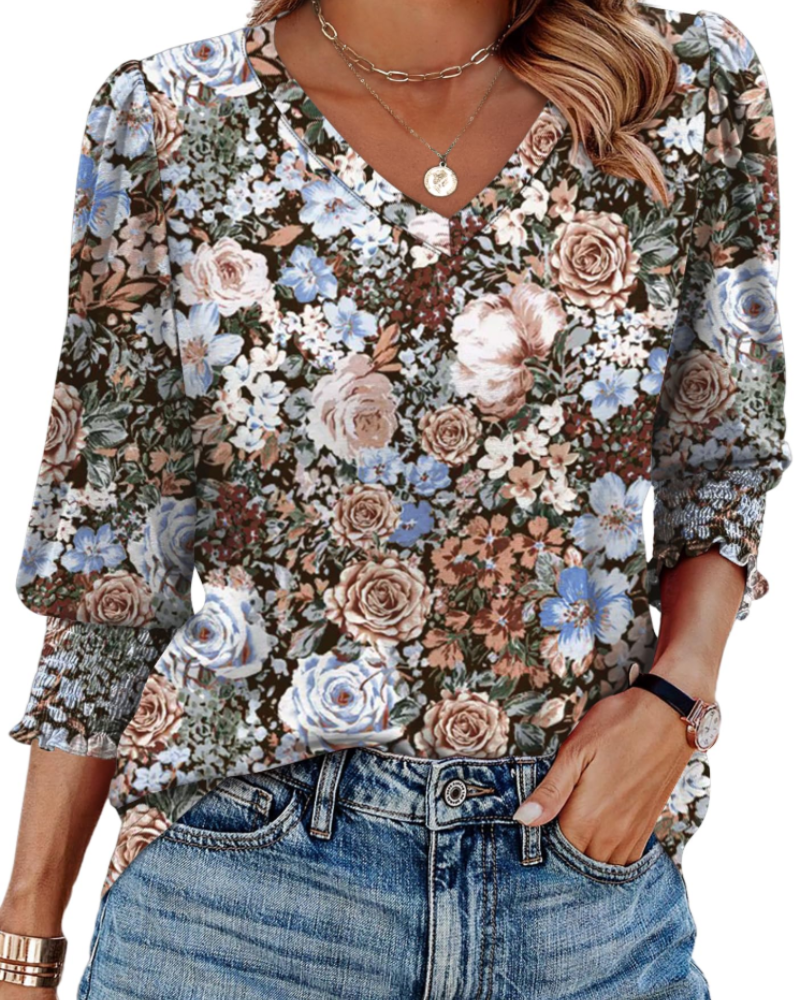 Veda Blouse for Women – V-Neck Top with Puff 3/4 Sleeves & Smocked Cuffs, Chic