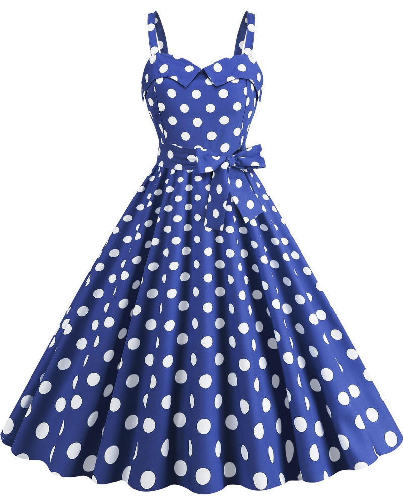 Rosie Dress for Women – Vintage Polka Dot Midi Dress, Sleeveless V-Neck, High Waist, Rockabilly Chic
