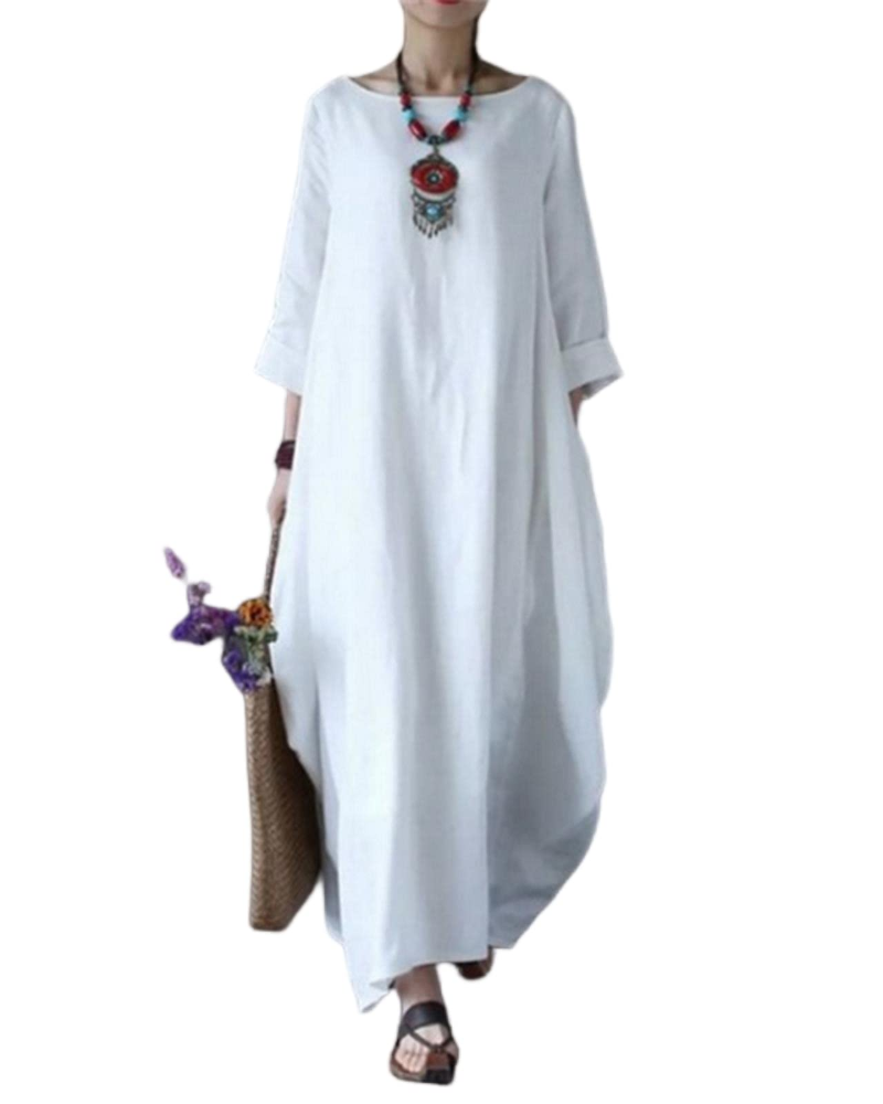 Sandy Long Dress for Women – Cotton-Linen Maxi Dress, Loose Cut, Round Neck & 3/4 Sleeves, Elegant
