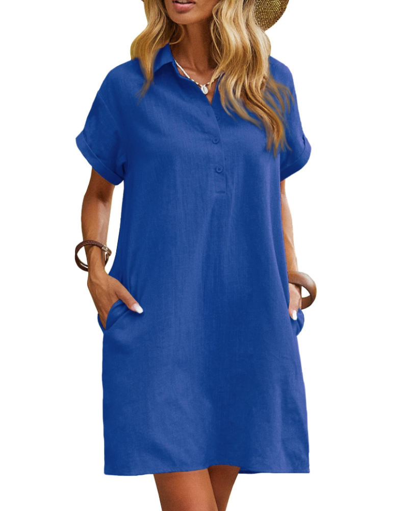 Raine Shirt Dress for Women – Linen Cotton Mid-Length Dress, Buttoned V-Neck with Pockets, Casual Chic Summer