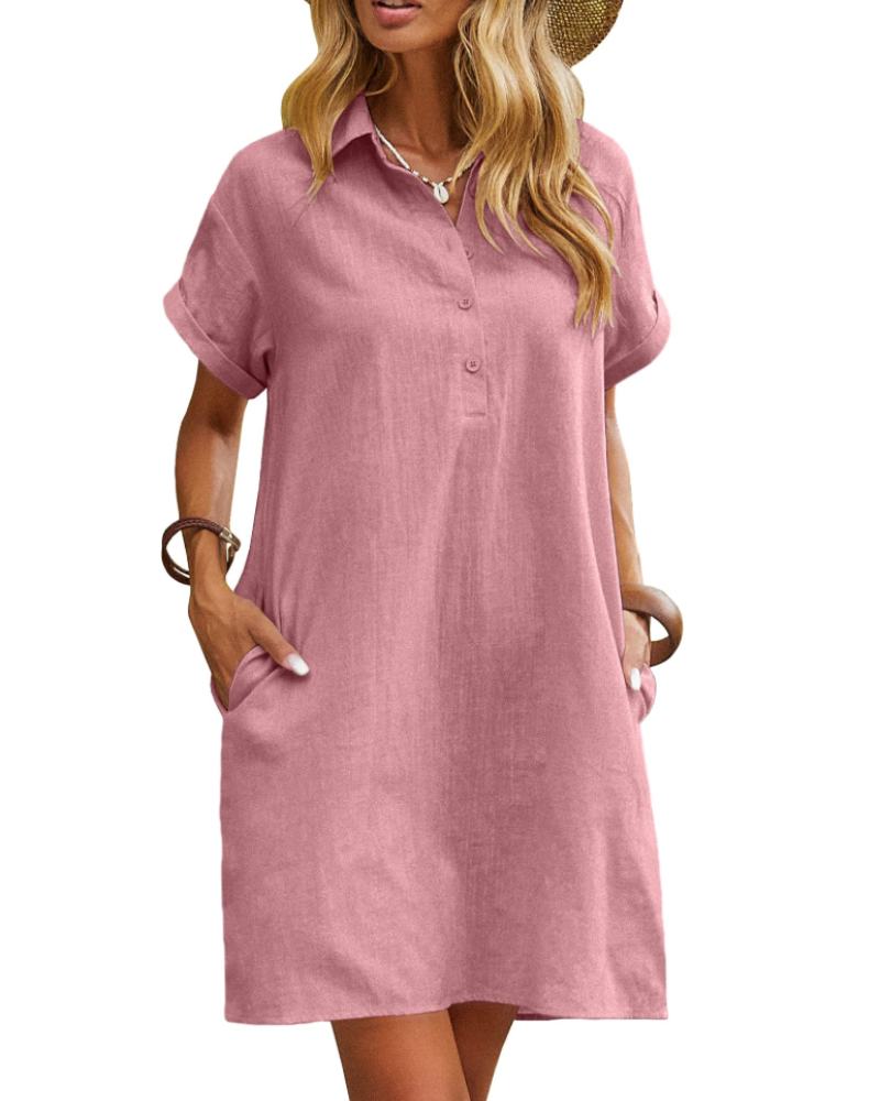 Raine Shirt Dress for Women – Linen Cotton Mid-Length Dress, Buttoned V-Neck with Pockets, Casual Chic Summer