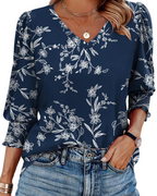 Veda Blouse for Women – V-Neck Top with Puff 3/4 Sleeves & Smocked Cuffs, Chic