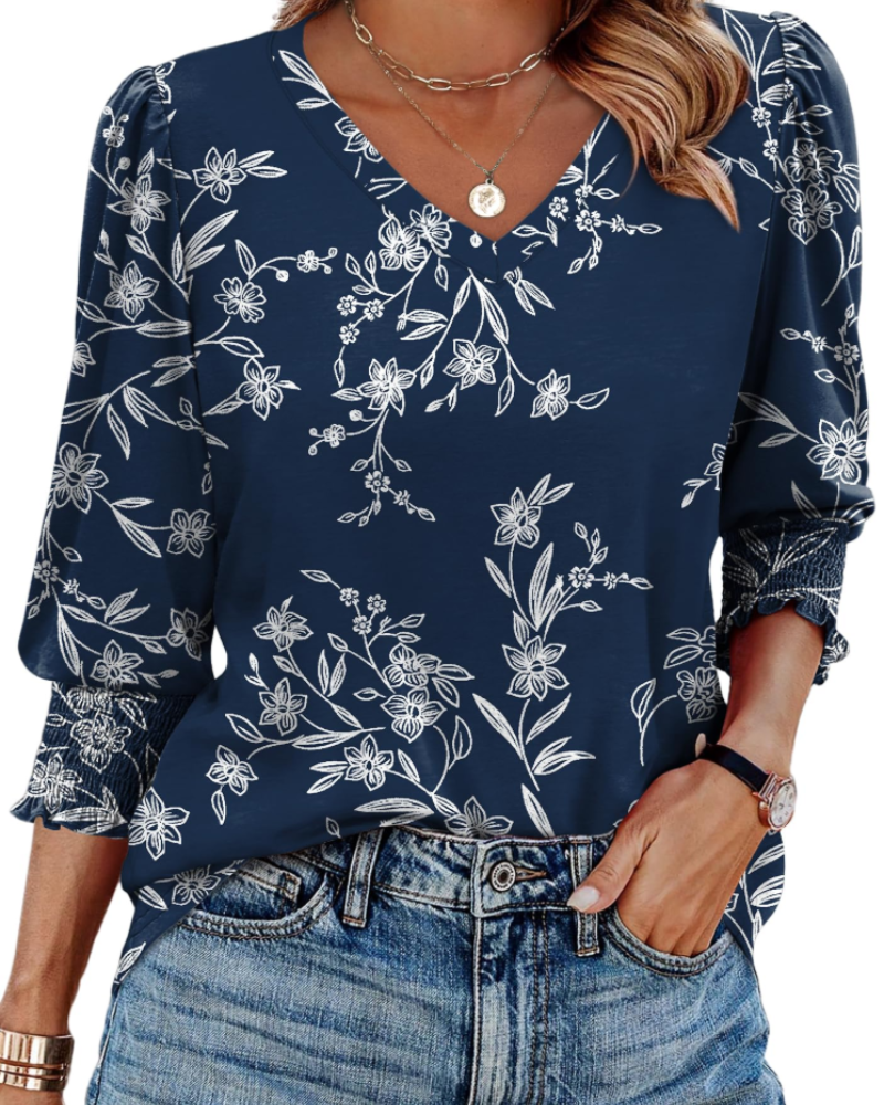 Veda Blouse for Women – V-Neck Top with Puff 3/4 Sleeves & Smocked Cuffs, Chic