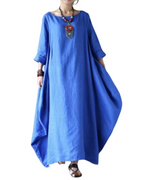 Sandy Long Dress for Women – Cotton-Linen Maxi Dress, Loose Cut, Round Neck & 3/4 Sleeves, Elegant