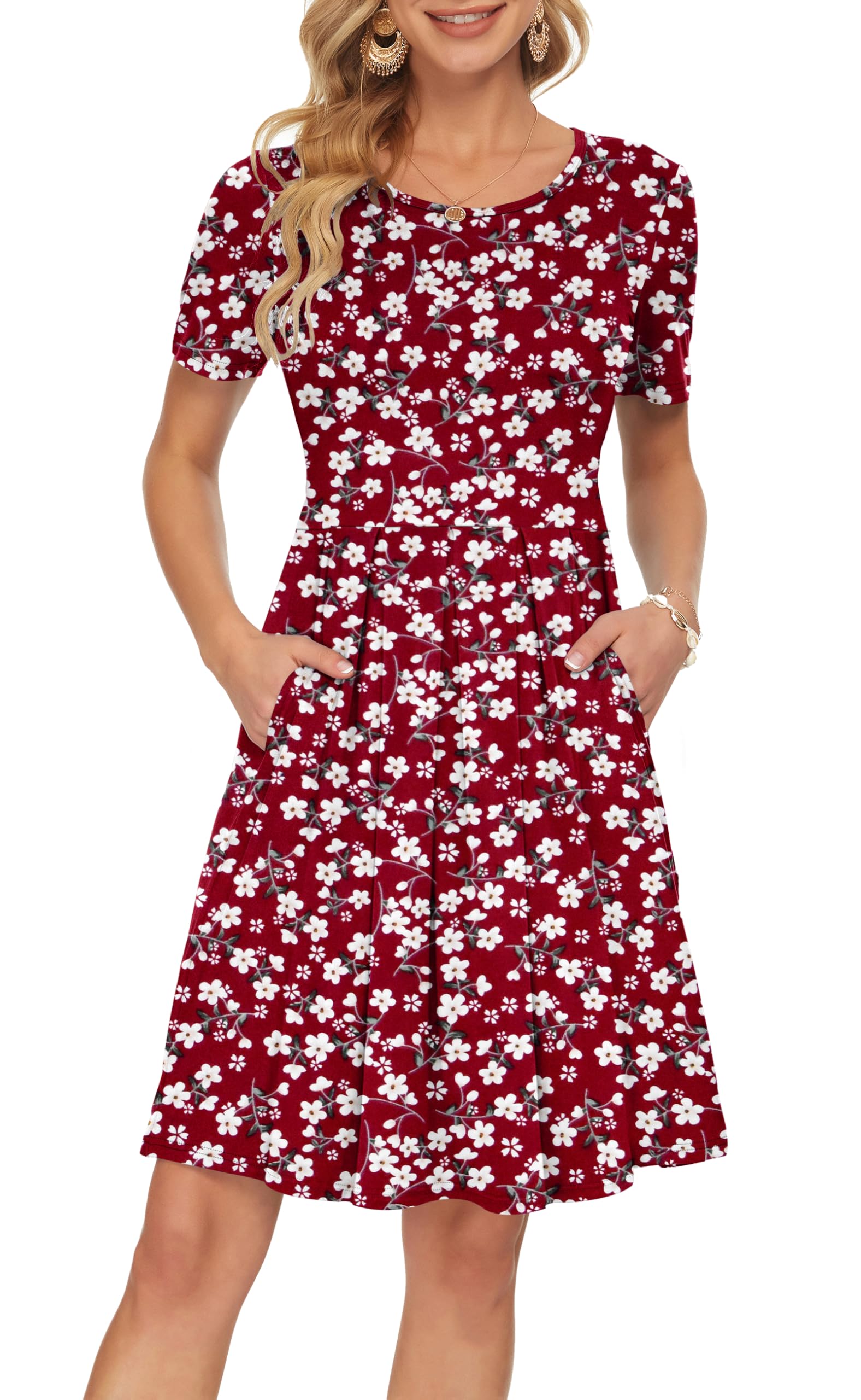 Sylphine Dress for Women – Short Sleeves, Loose Pleated Cut & Pockets, Knee-Length