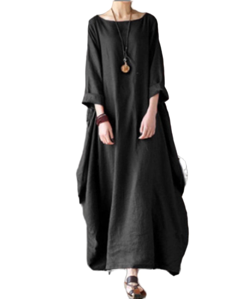 Sandy Long Dress for Women – Cotton-Linen Maxi Dress, Loose Cut, Round Neck & 3/4 Sleeves, Elegant