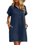 Raine Shirt Dress for Women – Linen Cotton Mid-Length Dress, Buttoned V-Neck with Pockets, Casual Chic Summer