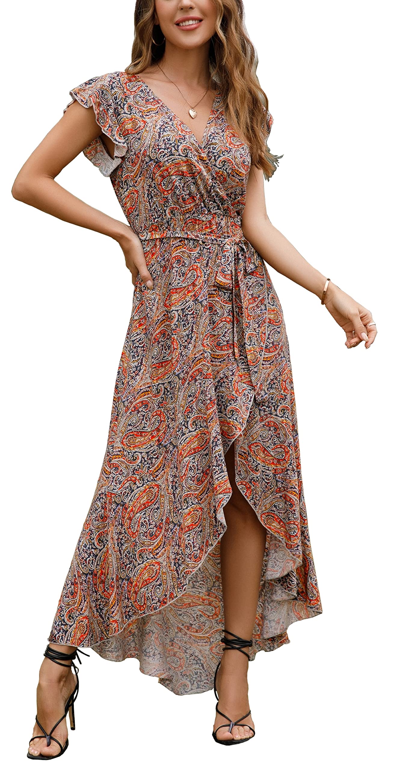 Gertrude Dress for Women – Floral V-Neck Wrap, Flowy Maxi Cut & Asymmetric Hem, Summer