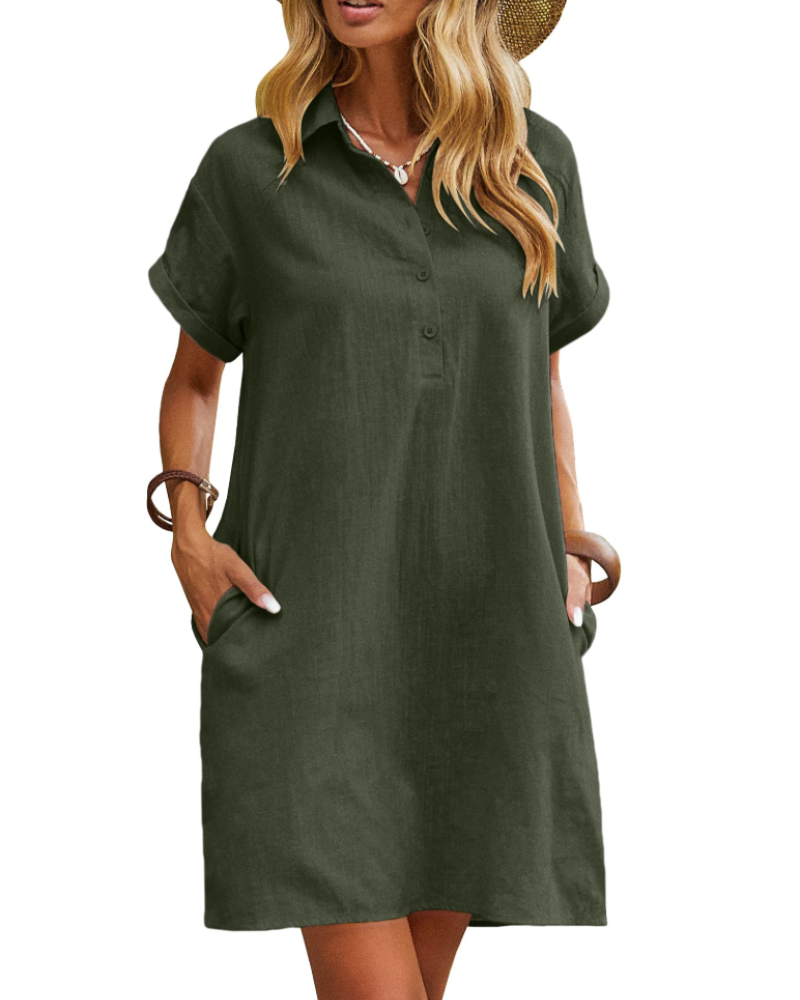 Raine Shirt Dress for Women – Linen Cotton Mid-Length Dress, Buttoned V-Neck with Pockets, Casual Chic Summer