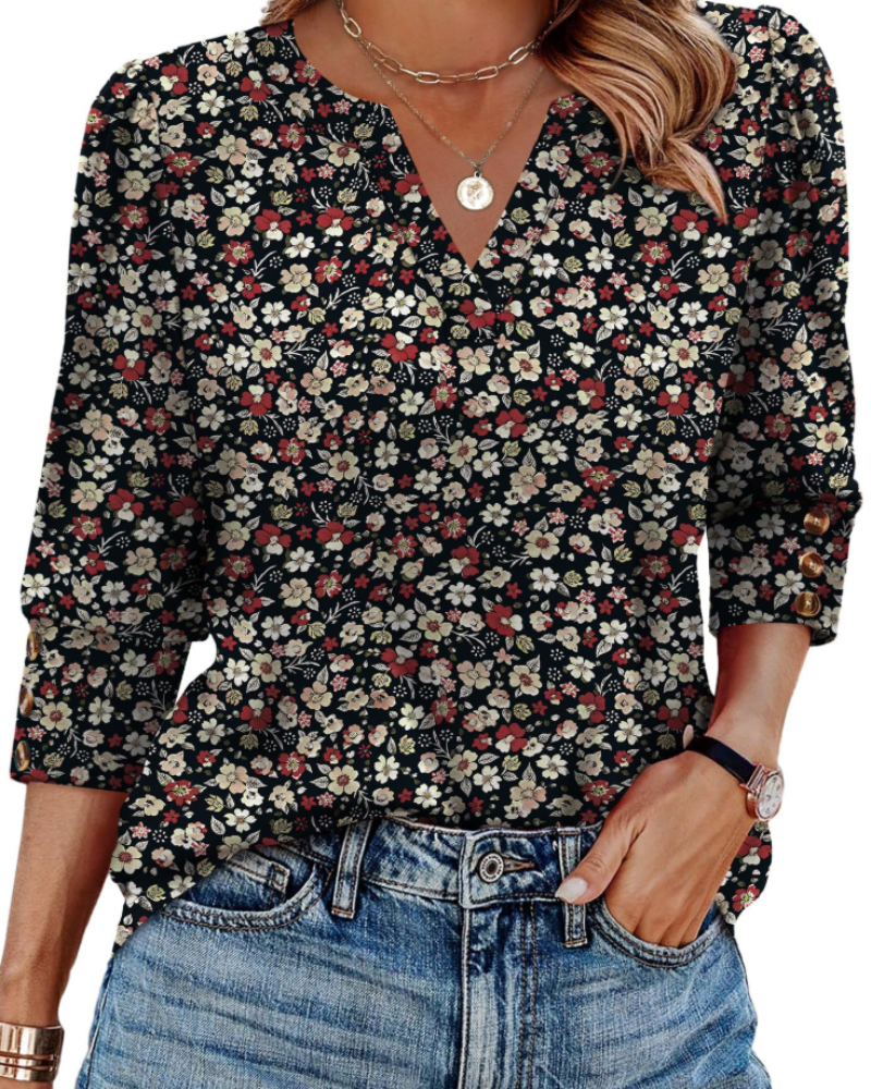 Zeline Blouse for Women – V-Neck Top with 3/4 Sleeves & Buttons, Business Casual Style