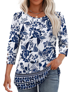 Veda Blouse for Women – V-Neck Top with Puff 3/4 Sleeves & Smocked Cuffs, Chic
