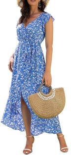 Gertrude Dress for Women – Floral V-Neck Wrap, Flowy Maxi Cut & Asymmetric Hem, Summer