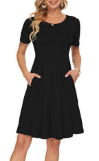 Sylphine Dress for Women – Short Sleeves, Loose Pleated Cut & Pockets, Knee-Length