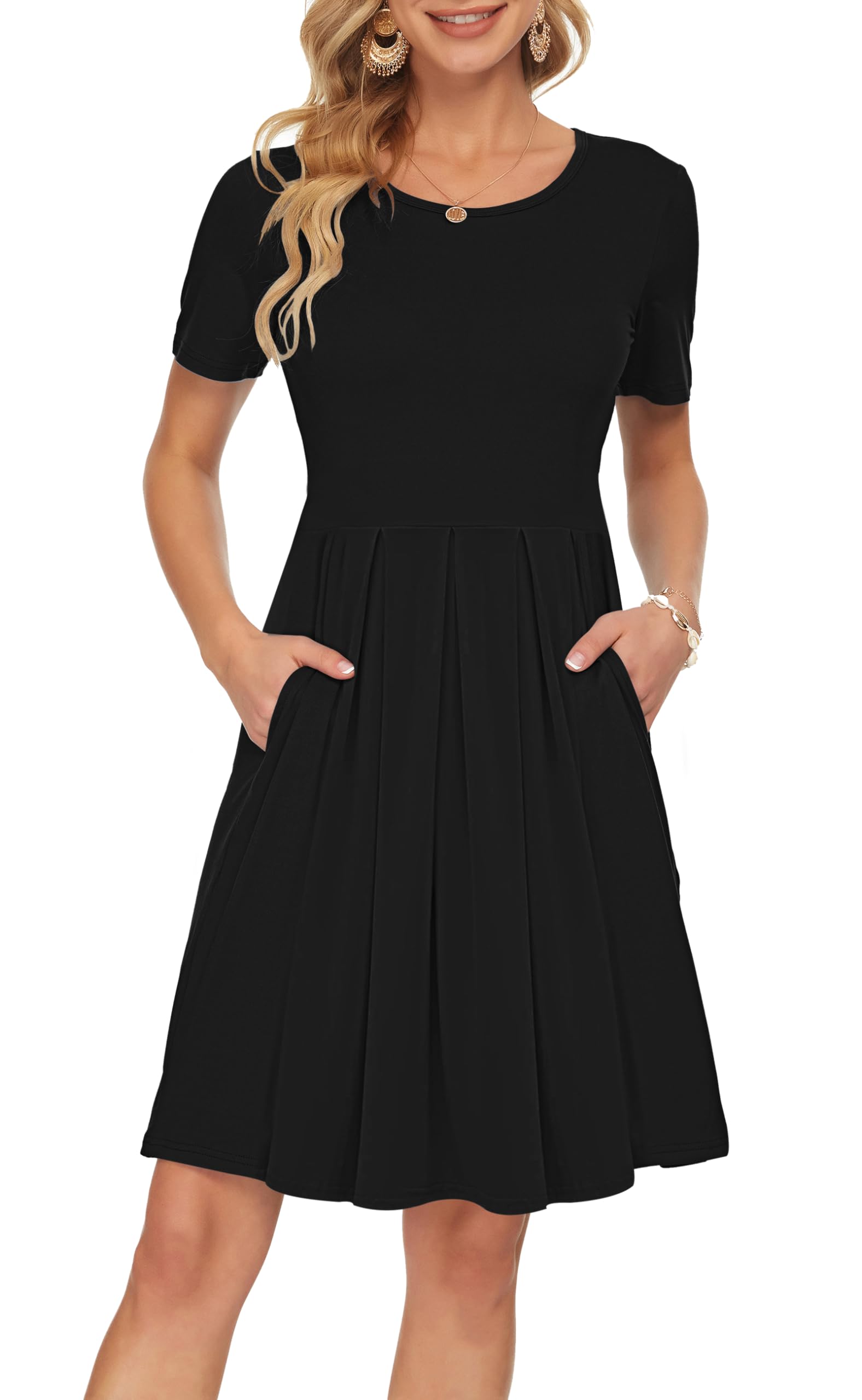 Sylphine Dress for Women – Short Sleeves, Loose Pleated Cut & Pockets, Knee-Length