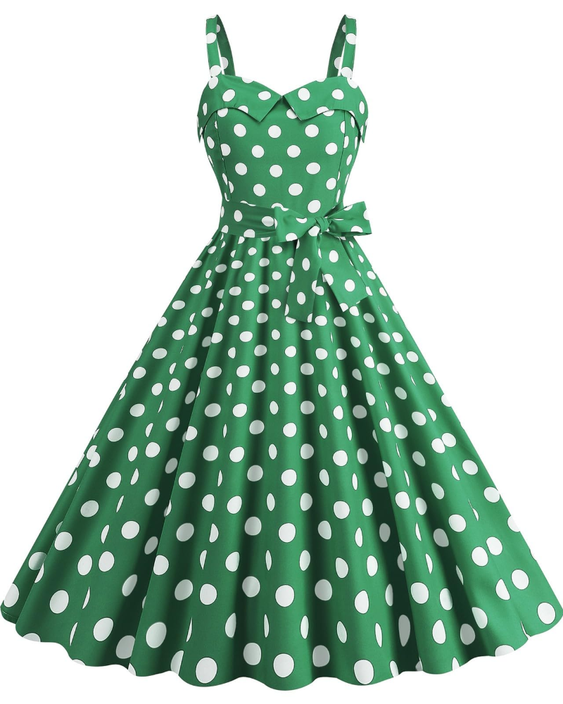 Rosie Dress for Women – Vintage Polka Dot Midi Dress, Sleeveless V-Neck, High Waist, Rockabilly Chic