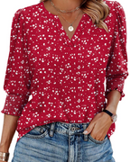 Veda Blouse for Women – V-Neck Top with Puff 3/4 Sleeves & Smocked Cuffs, Chic