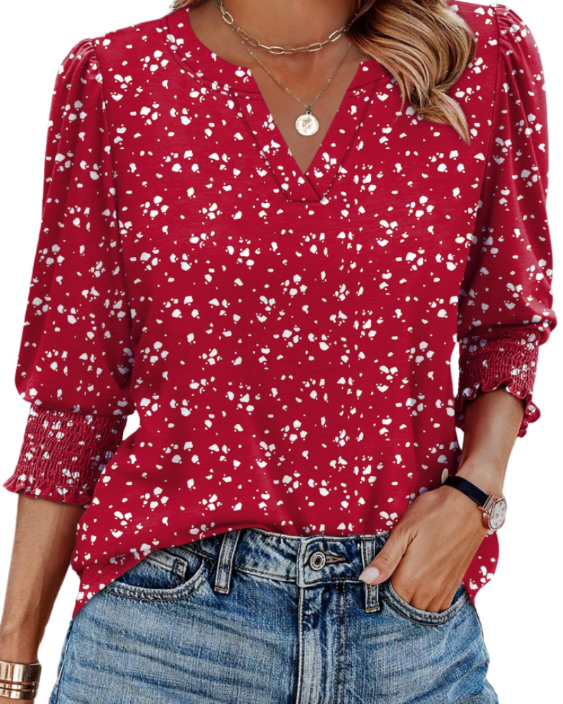 Veda Blouse for Women – V-Neck Top with Puff 3/4 Sleeves & Smocked Cuffs, Chic