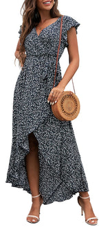 Gertrude Dress for Women – Floral V-Neck Wrap, Flowy Maxi Cut & Asymmetric Hem, Summer