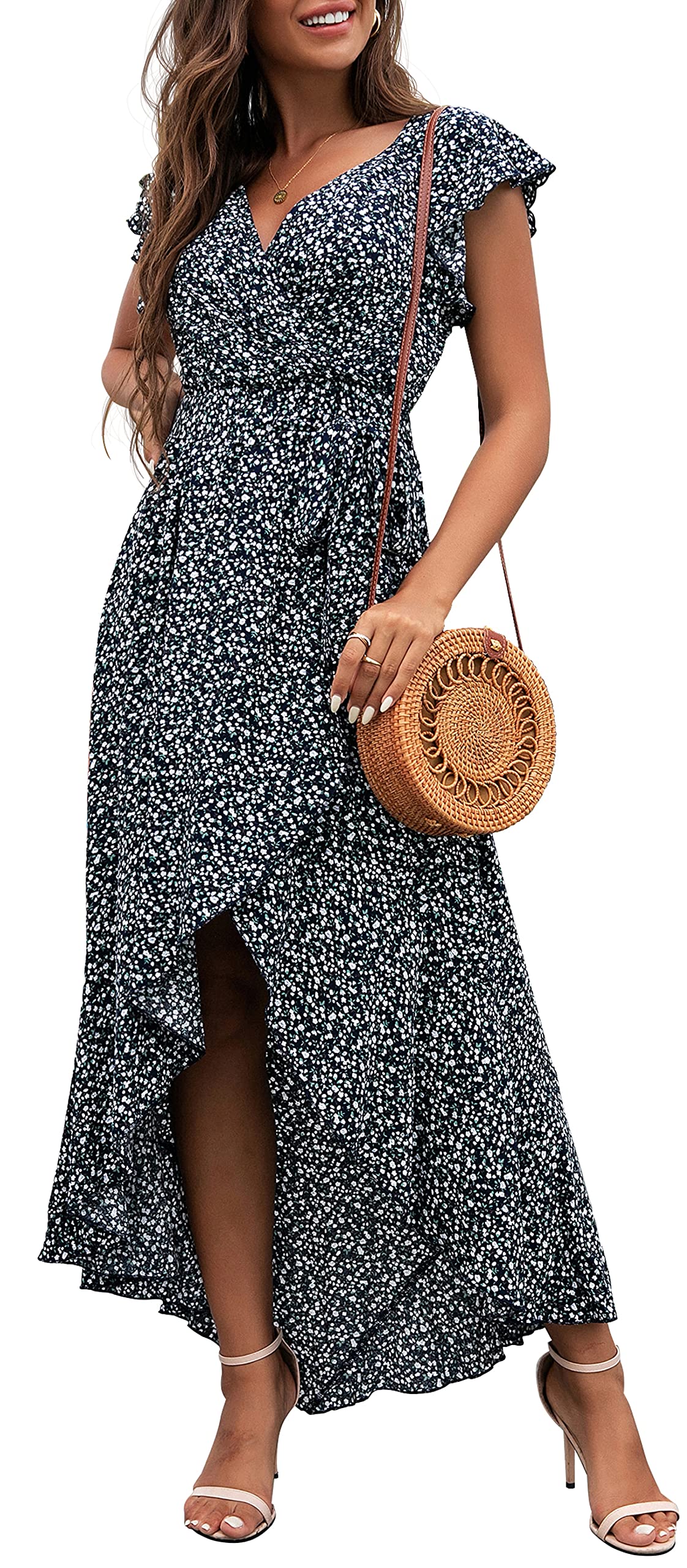 Gertrude Dress for Women – Floral V-Neck Wrap, Flowy Maxi Cut & Asymmetric Hem, Summer