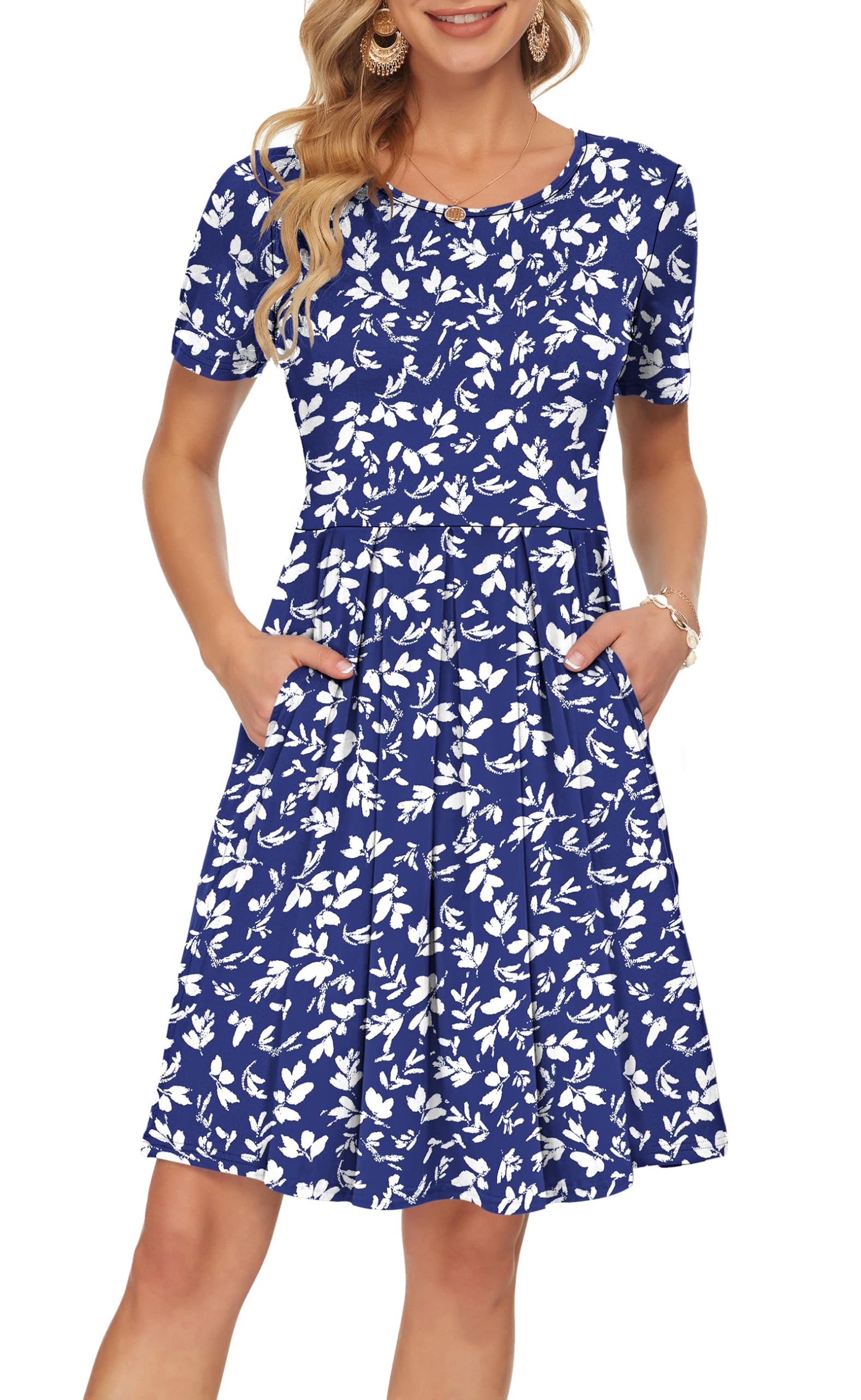 Sylphine Dress for Women – Short Sleeves, Loose Pleated Cut & Pockets, Knee-Length