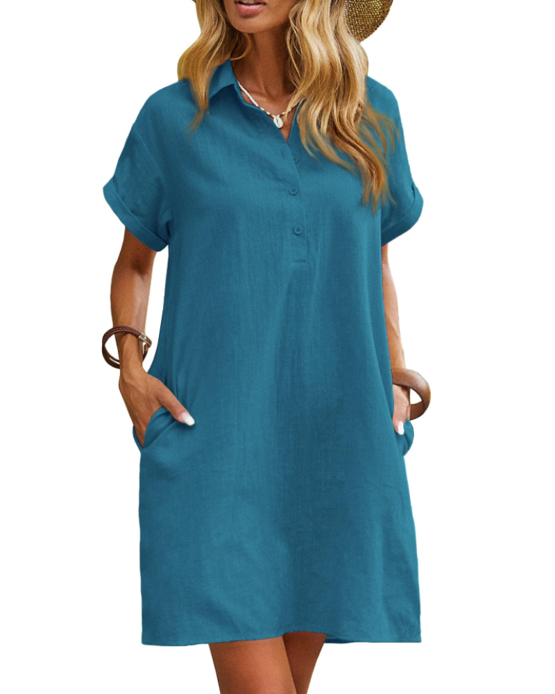 Raine Shirt Dress for Women – Linen Cotton Mid-Length Dress, Buttoned V-Neck with Pockets, Casual Chic Summer