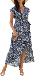 Gertrude Dress for Women – Floral V-Neck Wrap, Flowy Maxi Cut & Asymmetric Hem, Summer