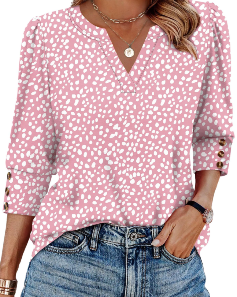 Zeline Blouse for Women – V-Neck Top with 3/4 Sleeves & Buttons, Business Casual Style