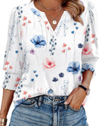 Veda Blouse for Women – V-Neck Top with Puff 3/4 Sleeves & Smocked Cuffs, Chic