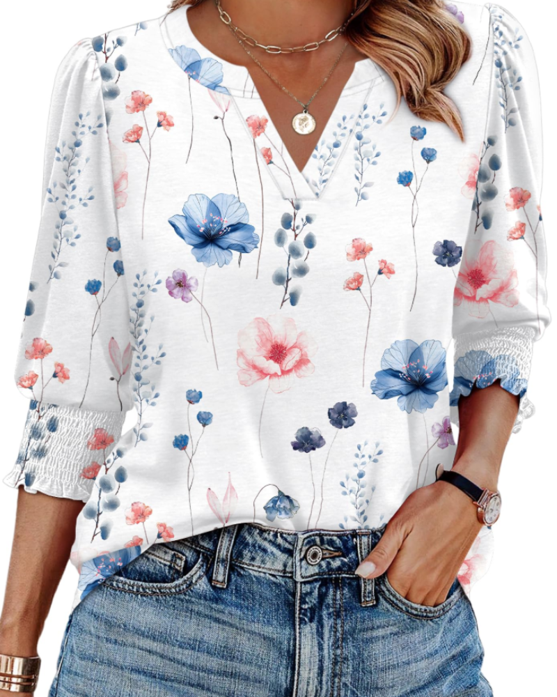 Veda Blouse for Women – V-Neck Top with Puff 3/4 Sleeves & Smocked Cuffs, Chic