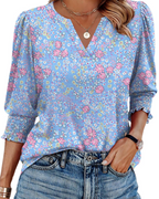 Veda Blouse for Women – V-Neck Top with Puff 3/4 Sleeves & Smocked Cuffs, Chic