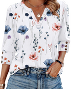 Zeline Blouse for Women – V-Neck Top with 3/4 Sleeves & Buttons, Business Casual Style
