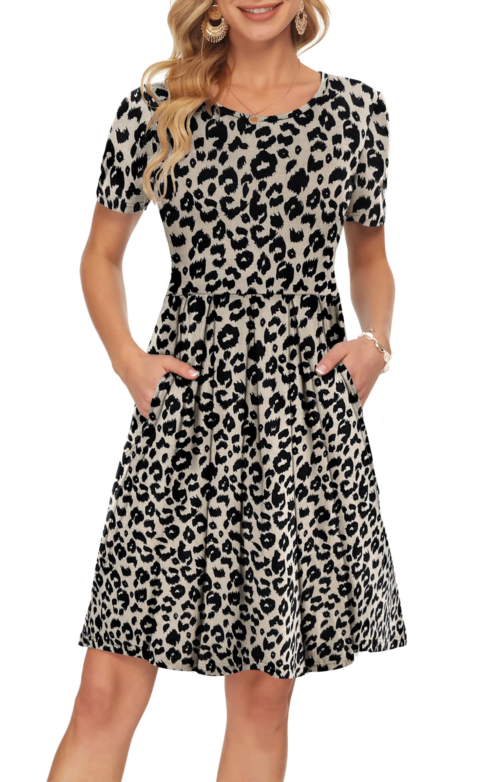 Sylphine Dress for Women – Short Sleeves, Loose Pleated Cut & Pockets, Knee-Length