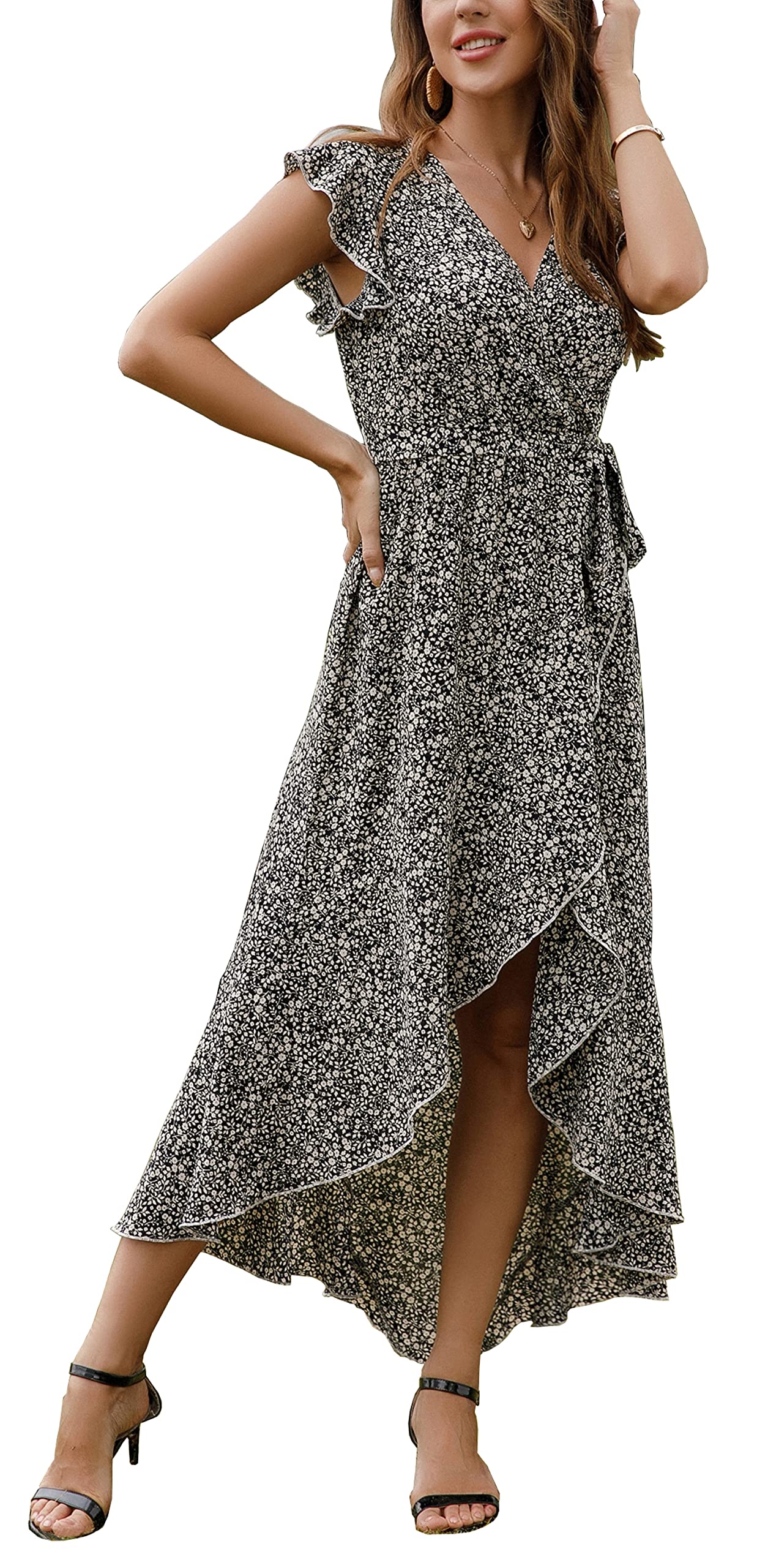 Gertrude Dress for Women – Floral V-Neck Wrap, Flowy Maxi Cut & Asymmetric Hem, Summer