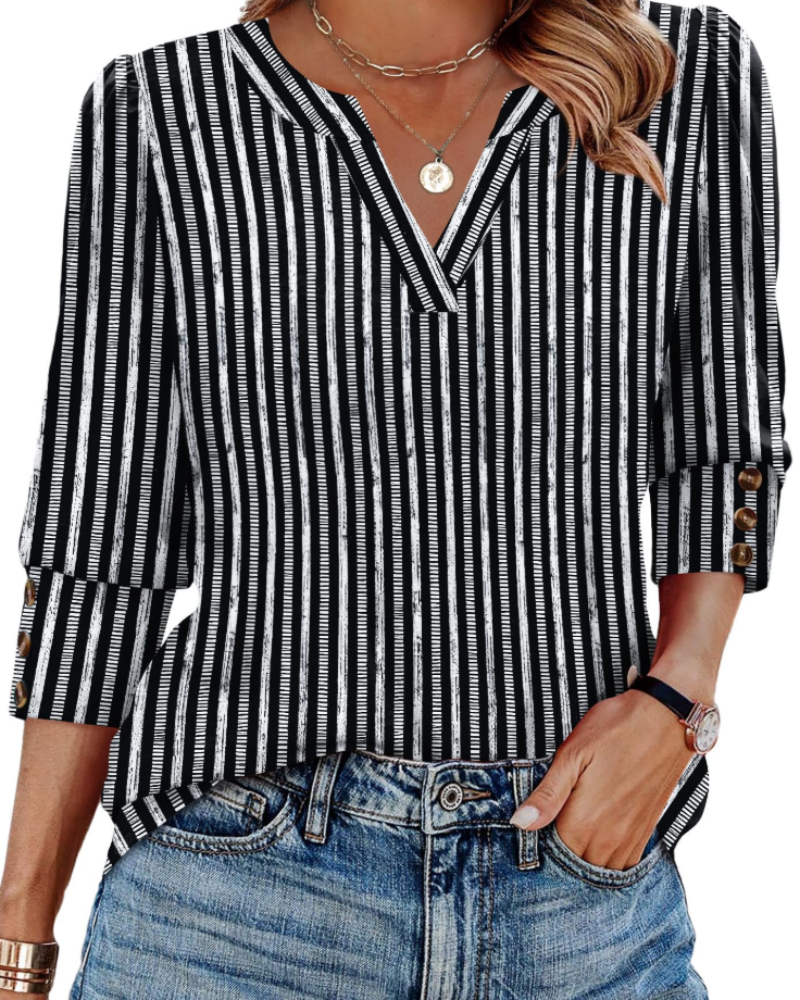 Zeline Blouse for Women – V-Neck Top with 3/4 Sleeves & Buttons, Business Casual Style