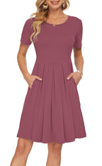 Sylphine Dress for Women – Short Sleeves, Loose Pleated Cut & Pockets, Knee-Length