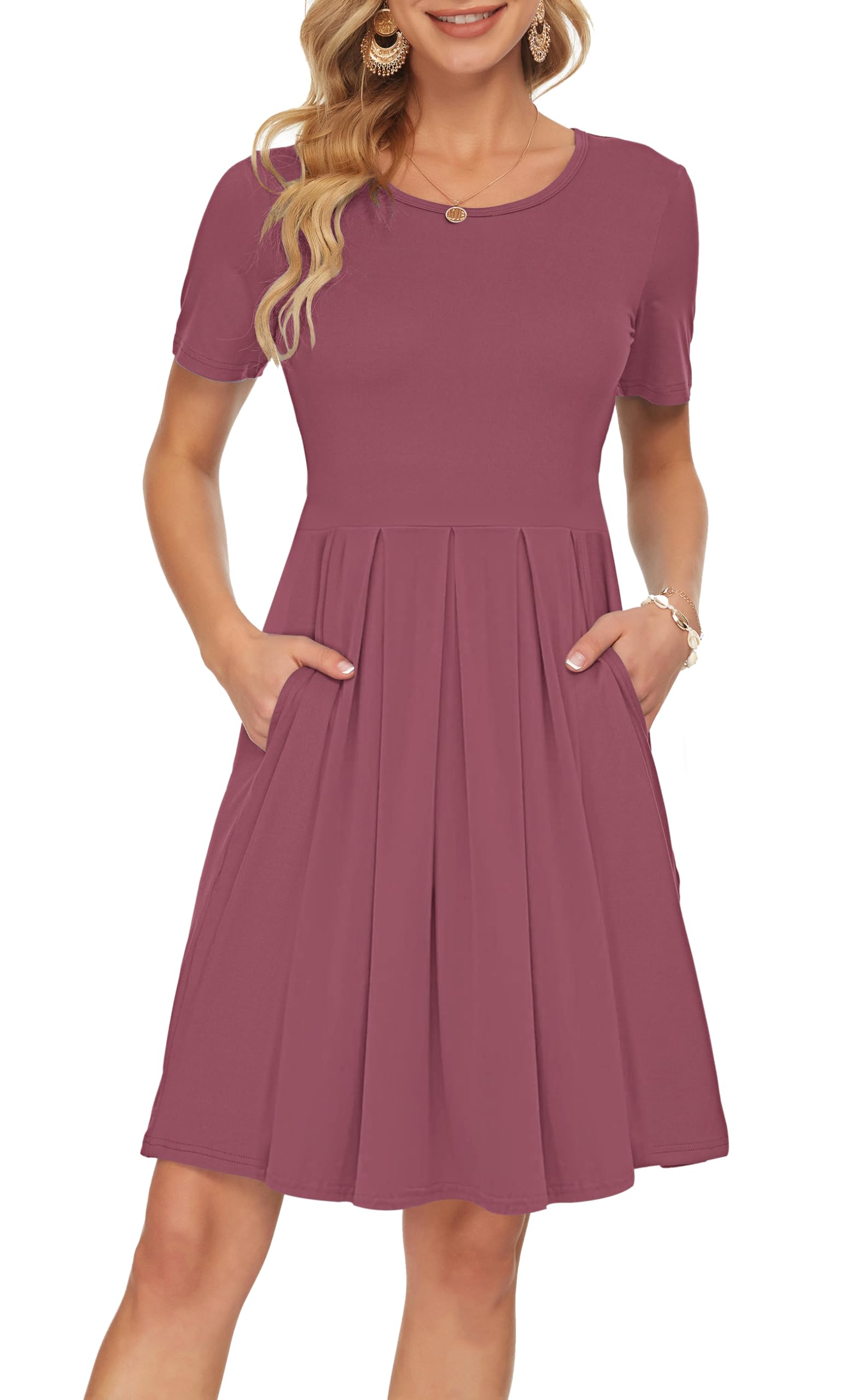 Sylphine Dress for Women – Short Sleeves, Loose Pleated Cut & Pockets, Knee-Length