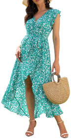 Gertrude Dress for Women – Floral V-Neck Wrap, Flowy Maxi Cut & Asymmetric Hem, Summer