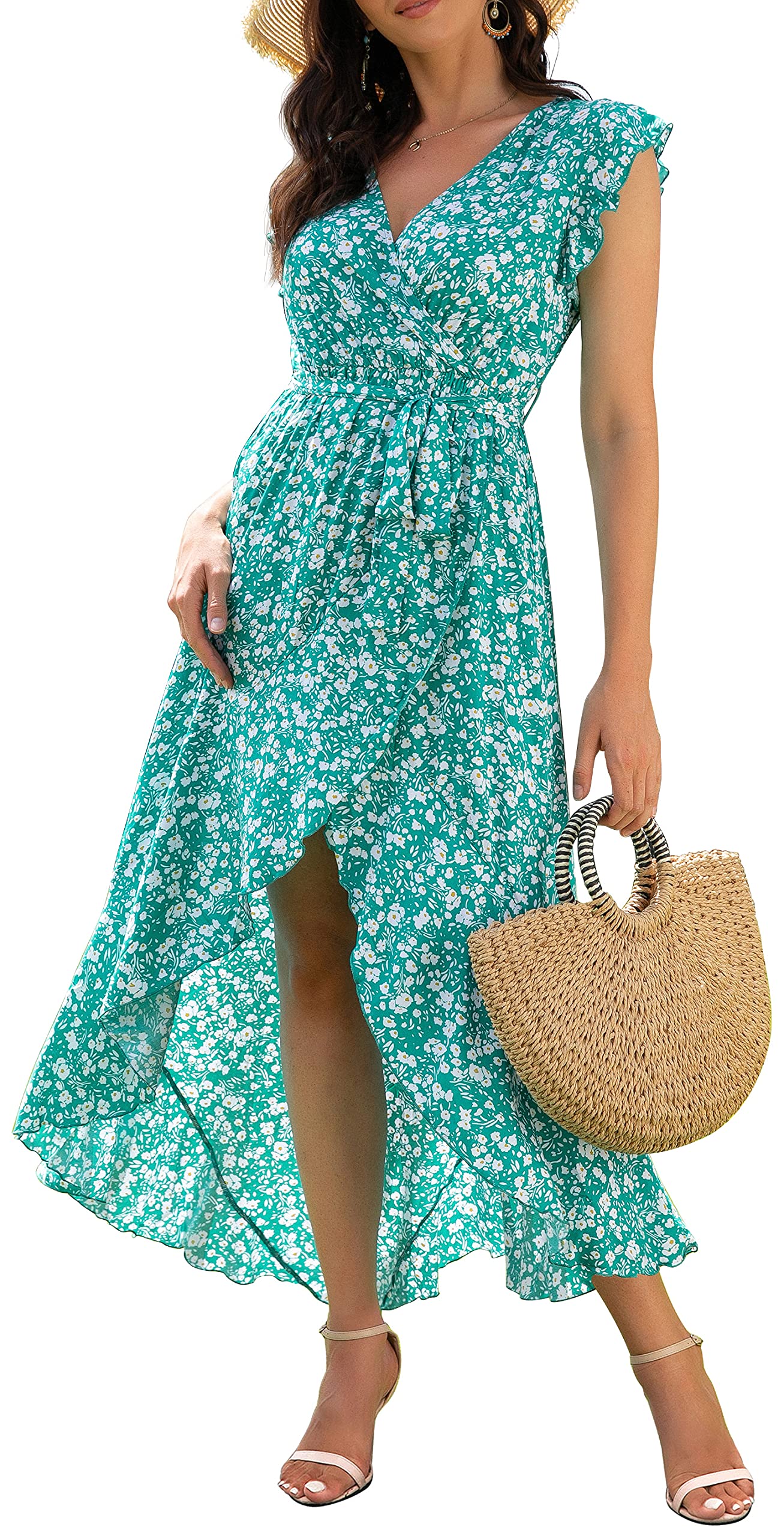 Gertrude Dress for Women – Floral V-Neck Wrap, Flowy Maxi Cut & Asymmetric Hem, Summer