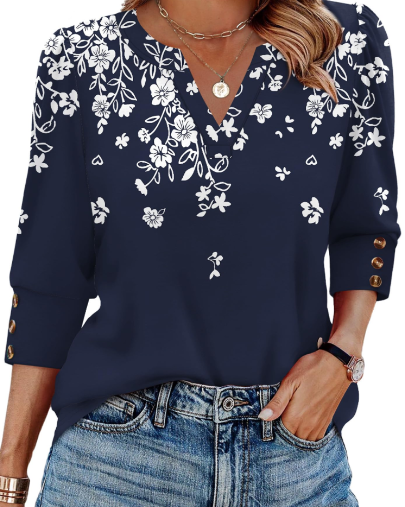 Zeline Blouse for Women – V-Neck Top with 3/4 Sleeves & Buttons, Business Casual Style