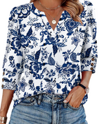 Zeline Blouse for Women – V-Neck Top with 3/4 Sleeves & Buttons, Business Casual Style