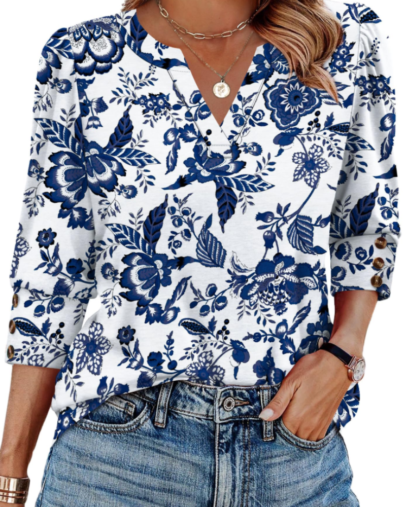 Zeline Blouse for Women – V-Neck Top with 3/4 Sleeves & Buttons, Business Casual Style